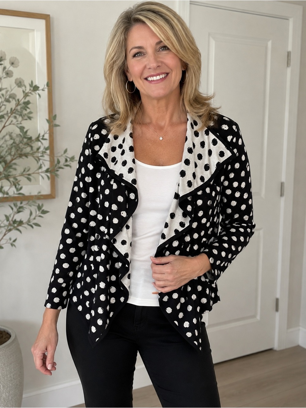 St John Santana Knit Open Front Cardigan Waterfall Dots Office Sz 10 USA made